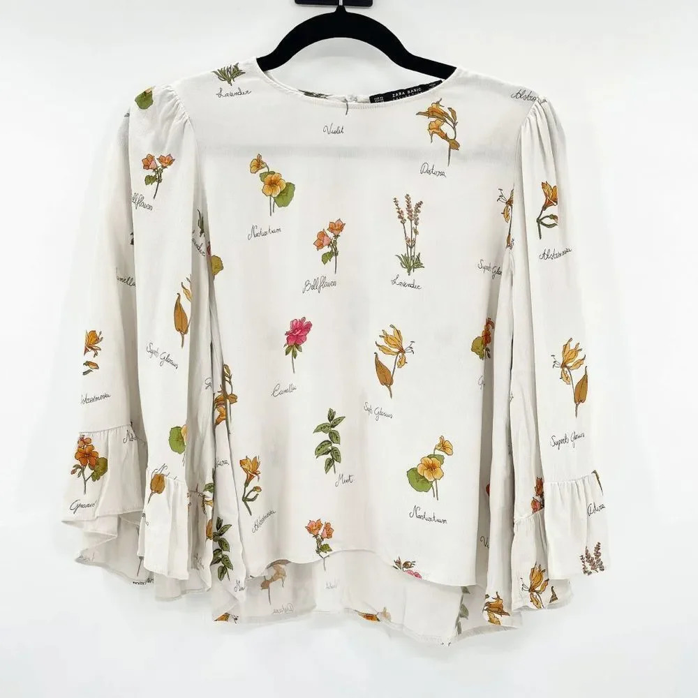 Zara Floral Crop Blouse Women's Size XS White 3/4 Sleeve Cottagecore
